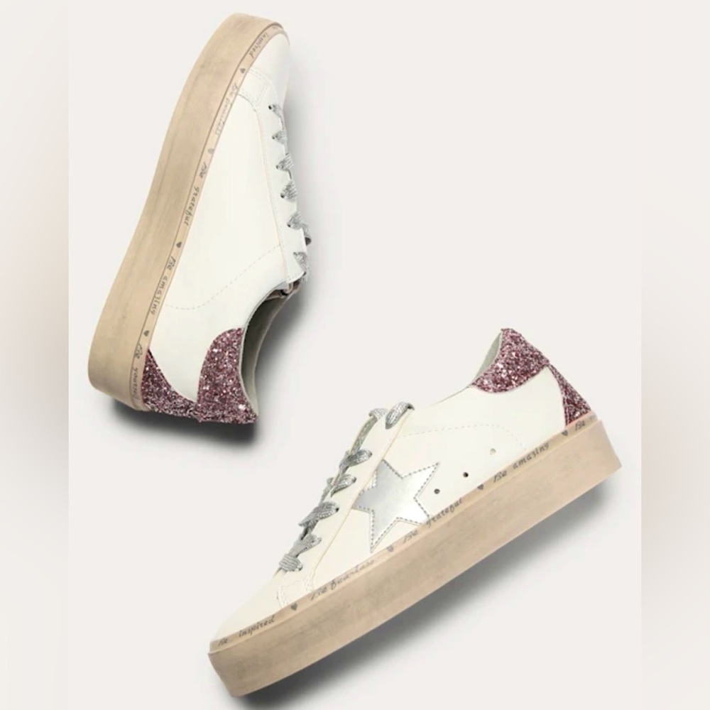 Shu Shop Reba Pink Glitter Star Platform‎ Sneakers Size 8 Silver Star Quote Sole